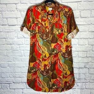 LLBean Boho Monstera Leaf Foliage Tropical Earth Tone Silk Linen Shirt Dress